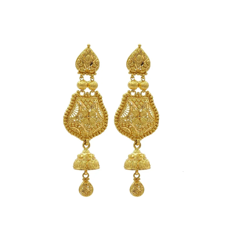 Big Gold Earrings-22K Yellow Gold Handcrafted Chandelier Jhumki Earrings W/ Ball Accents