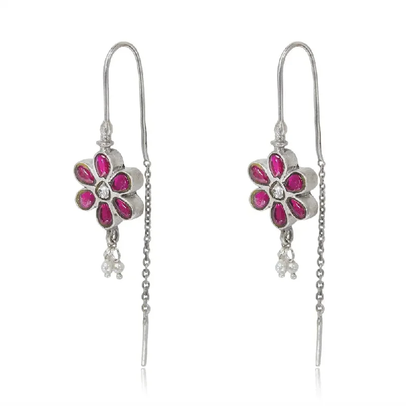 Unique Statement Earrings-Silver flower sui dhaga earrings