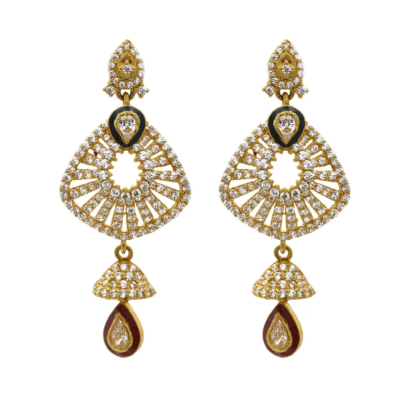 Clear Crystal Earrings-22K Yellow Gold Drop Dangle Earrings W/ Cubic Zirconia & Enamel