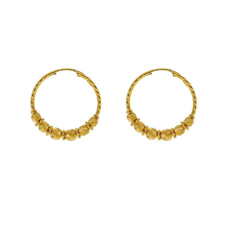 Light Blue Earrings-22K Yellow Gold Hoop Earrings W/ Swirl-Etched Gold Beads