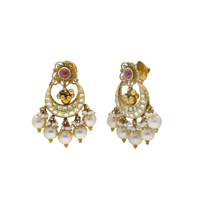 Colorful Crystal Earrings-22K Yellow Antique Gold Chandbali Pendant & Earrings Set W/ Kundan, Rubies & Pearls