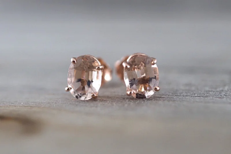 Spiral Silver Earrings-14k Solid Rose Gold Oval Cut Pink Peach Morganite Earring Studs Post Push Back Square Gemstone Earrings Dainty Design