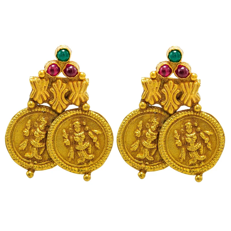 Statement Earrings for Parties-22K Yellow Gold Earrings W/ Rubies, Emeralds & Antique Finish Engraved Coins