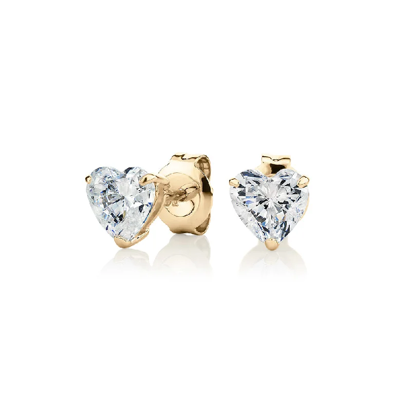 Cute Drop Earrings-Heart stud earrings with 2 carats* of diamond simulants in 10 carat yellow gold