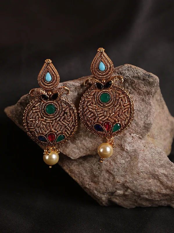 Small Gemstone Earrings-Gold Plated Multi Stone Studded Drop Earrings