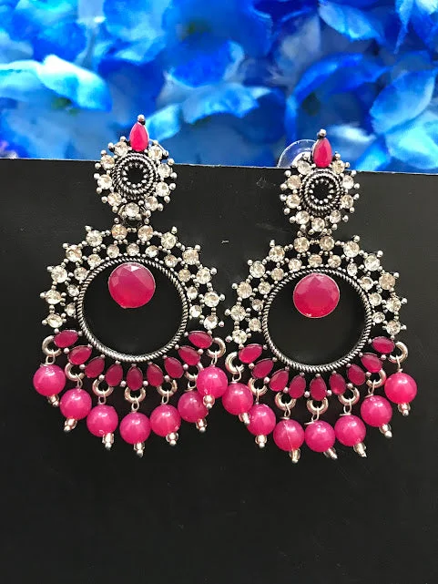 Rustic Gemstone Earrings-Charming Rani Pink Color Oxidized Unique Designed Earrings