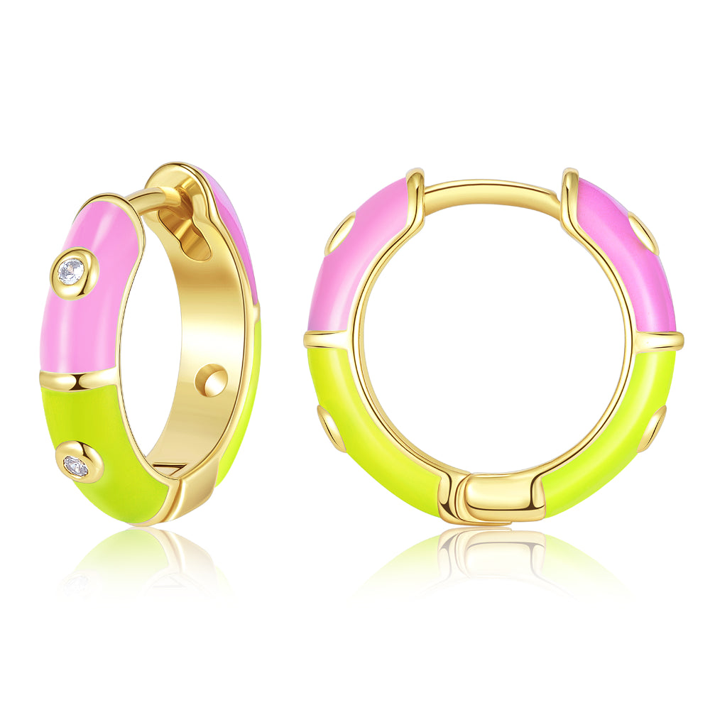 Floral Drop Earrings-Dainty Dual-color Enamel Small Hoop Colorful Cute Huggie Earrings Color with Yellow-Pink