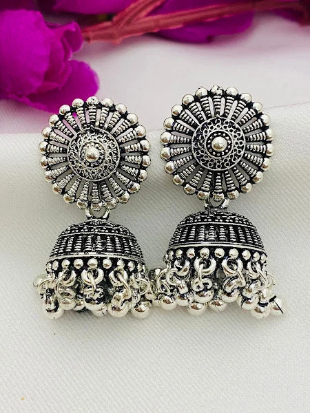 Small Gemstone Earrings-Attractive Silver Oxidized Jhumkas With Ball Hangings For Women