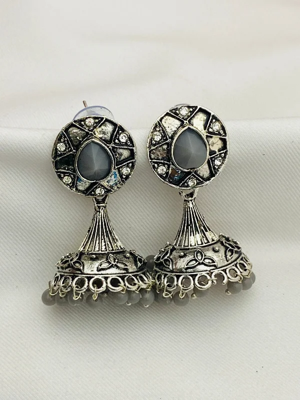 Simple Hoop Earrings for Women-Traditional Bollywood Style Silver Oxidized Ethnic Jhumka Earrings With Pearl Beads