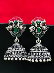 Cute Dangle Earrings-Elegant Oxidizes Green Color Peacock Design Jhumka Earrings For Women