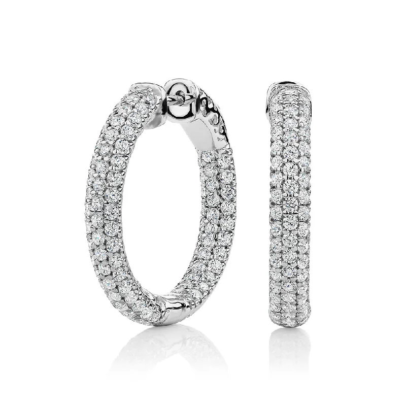 Fashionable Pearl Earrings-Round Brilliant hoop earrings with 2.67 carats* of diamond simulants in sterling silver