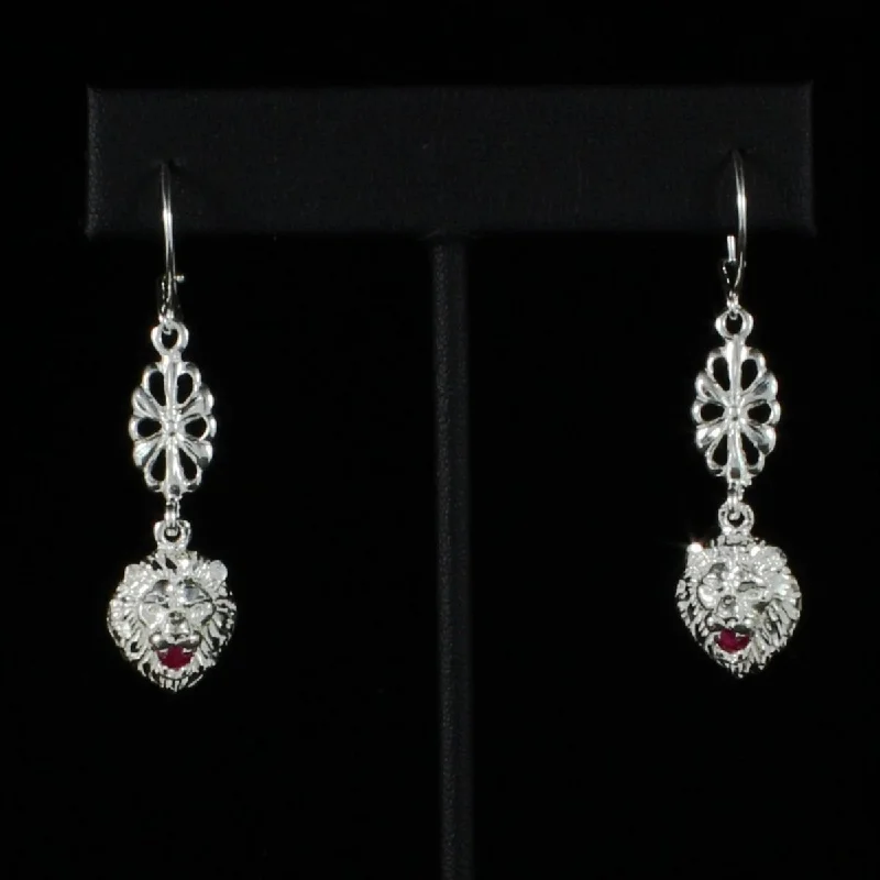 Emerald Earrings for Women-Leo Lion with Red stone on Hollow Flower extender Long Earring