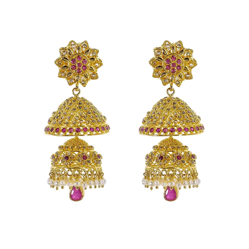 Pearl Stud Earrings for Weddings-22K Yellow Gold Uncut Diamond Jhumki Earrings W/ 3.5ct Uncut Diamonds, Rubies, Pearls & Double Drop