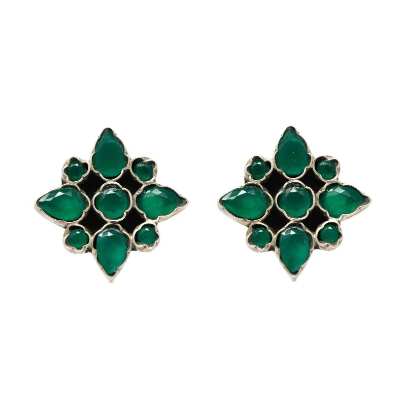 Hoop Earrings for Women-Unniyarcha 92.5 Sterling Silver Green Floral Studs