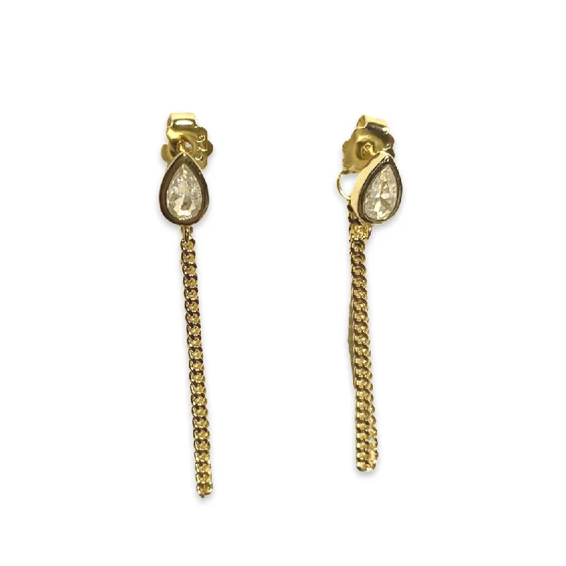 Vintage Gold Earrings-Amy Birthstone Teardrop Bezel Chain Earrings